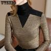 Флисовые рубашки осень-зима женские футболки с длинным рукавом большого размера в стиле пэчворк с высоким воротником эластичные пуловеры