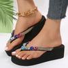 Fashion Fashion Rhinestone Platform Flip Flops for Women 2025 Summer Clip Toe Wedge Sandals Woman Thick Bottom Non Slip Beach Slippers