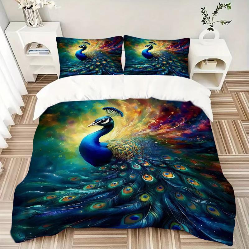 3pcs Peacock with Colorful Feathers Printed Quilt Set - Includes 1 Quilt Cover and 2 Pillowcases, Machine Washable - Suitable for All Seasons.J07