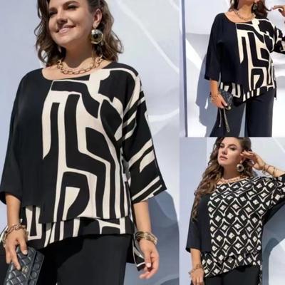 Женский топ свободного кроя с круглым вырезом и ретро-принтом, рукав пять четвертей