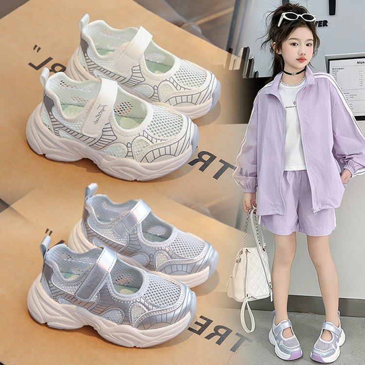 Girls' shoes summer new breathable sneakers princess children's single shoes medium and older children's girls hollow single mesh shoes