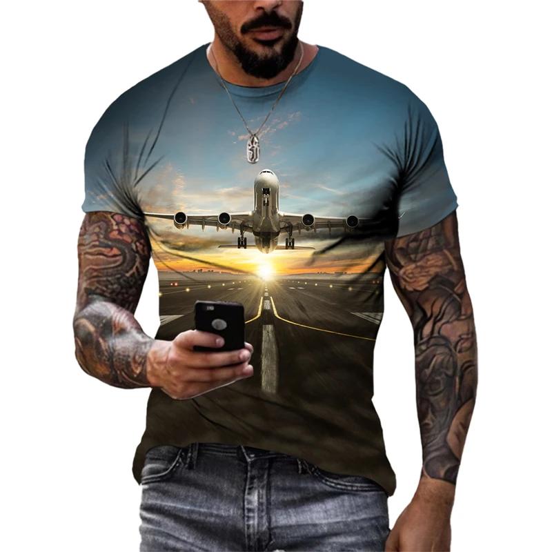 Men Summer Trend Casual Fun Round Neck Short Sleeve Fashion New 3D Printed Airplane Graphic T Shirts for Streetwear Tees Tops