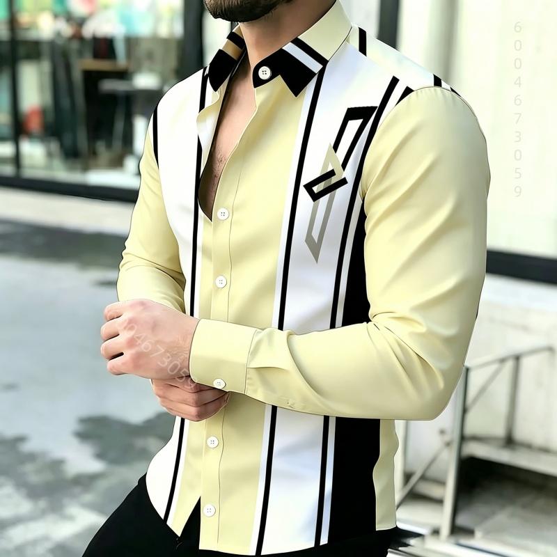 Мужская рубашка с контрастным полосатым принтом, воротник slim fit, рубашка business casual с длинным рукавом, доступна в нескольких цветах