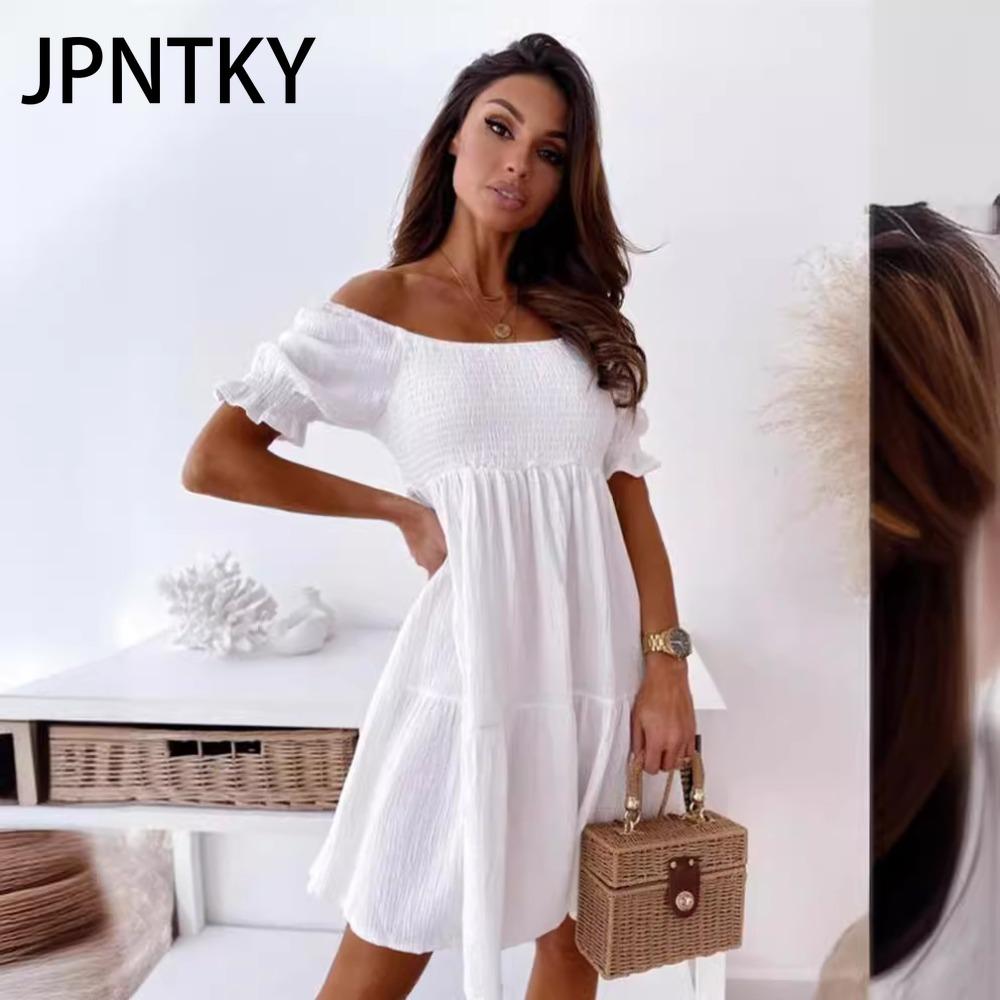 JPNTKY Сексуальное платье с разрезом на шее Женское Летнее Плиссированное с пышными рукавами и открытой спиной Платье для вечеринки Пляжное Платье Женское Элегантное Однотонное Платье до колен
