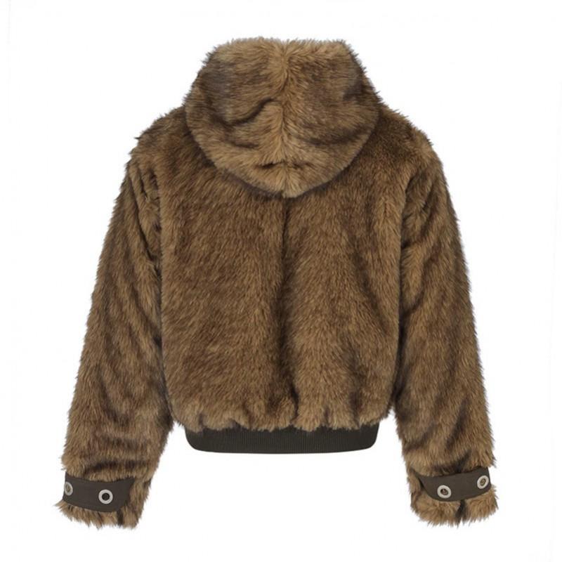 American Retro Fuzzy Hooded Puffer Coat Men 2026 Loose Casual Warm Winter Jacket