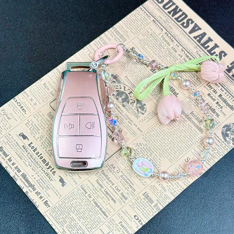 Чехол для ключей BAIC New Energy для EU5, U5 Plus, EU7, X7 - Розовый с блестками (песок)