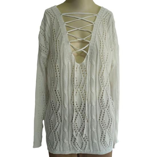 Women Knitting Hollow Design Tops V-Neck Straps Collar Long Sleeve Pullover Tops Solid Color