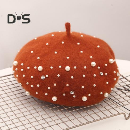 Женский берет с искусственным жемчугом и стразами, винтажная шерстяная шляпа в английском стиле без полей, однотонная, с регулируемыми лямками, кепка-тыква