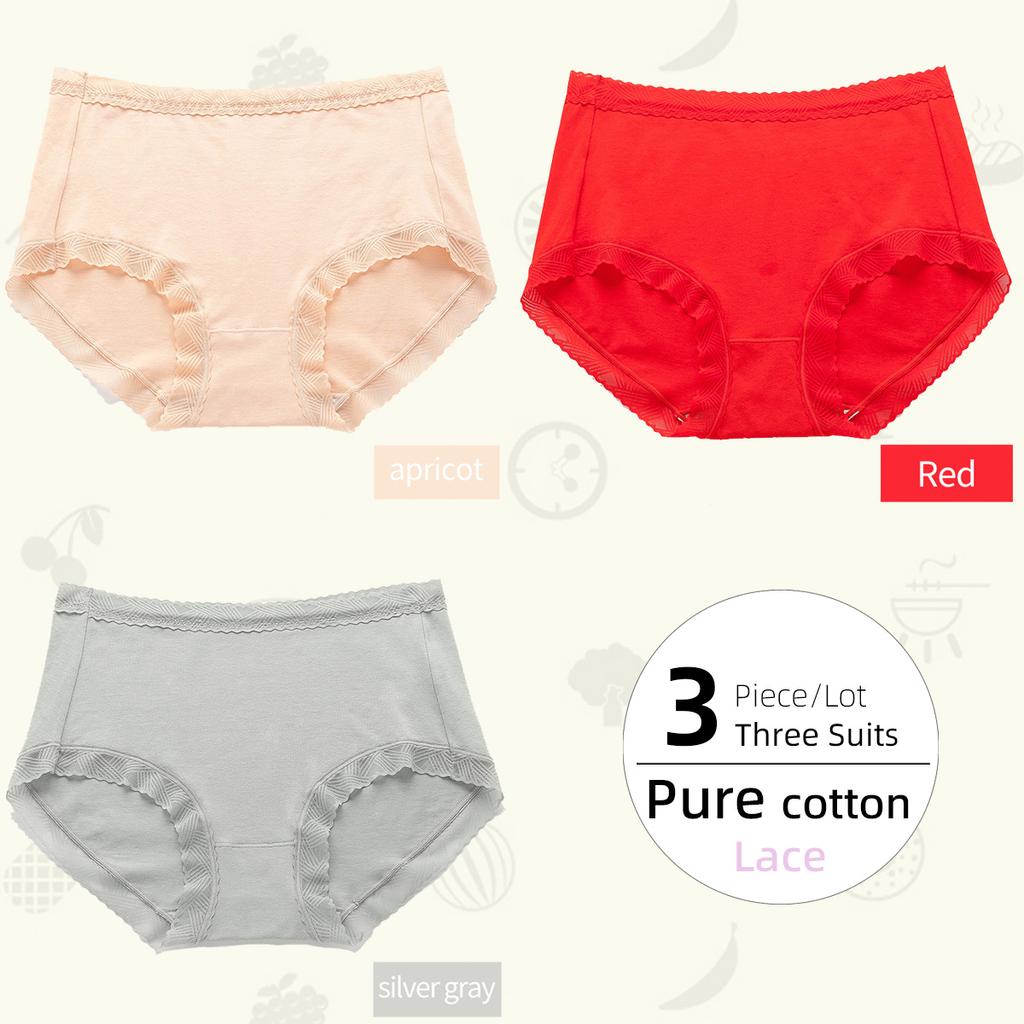 3Pieces/Lot Plus Size Comfortable Pure Cotton Women's Panties Lace Edge Cotton Crotch Panties Underwear Briefs