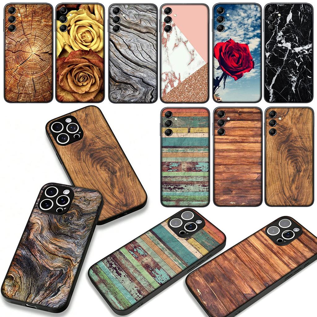 Rose Flower Marble Wood Phone Case for Samsung Galaxy A55 A54 A25 A36 A17 A26 A35 A33 A34 A14 A37 S8 S9 S20 S21 FE S10 Plus