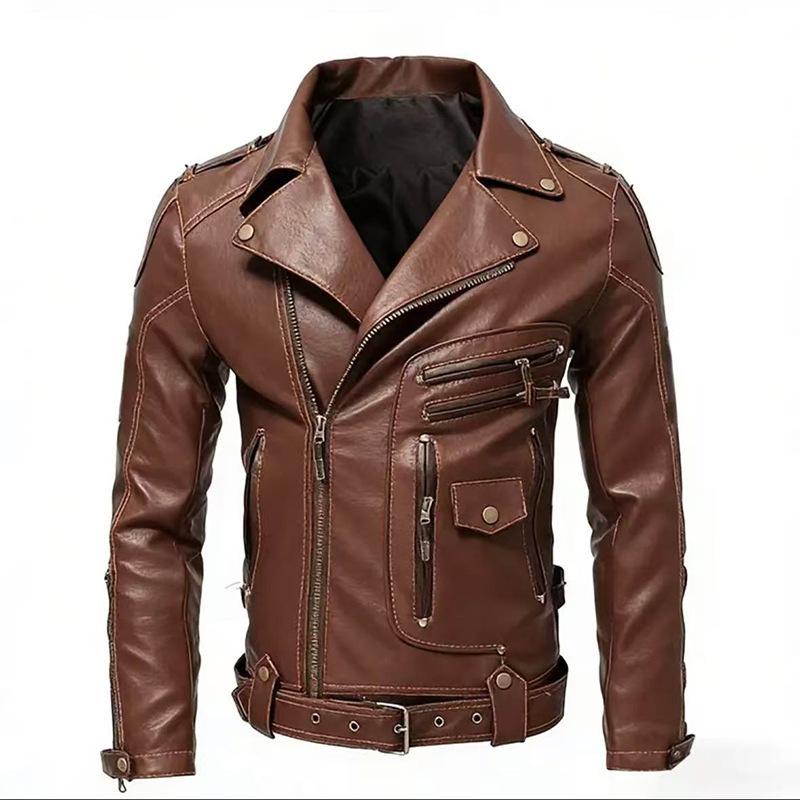 Ji New Men's PU Leather Jacket Bike Jacket Slim Fit Multi-Pocket Zipper Jacket Lapel Trendy Leather Jacket