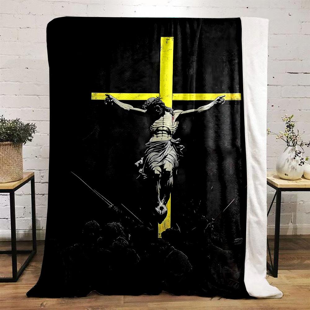 "Crucifixion Scene with Yellow Cross" Patterned flannel blanket perfect for the bedroom living room, sofa, or a little nap