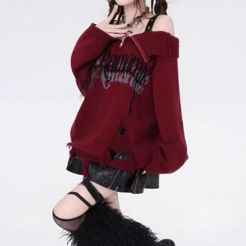 Korean Style Punk Off-Shoulder Ripped Sweater - Women's Autumn/Winter Knitted Top