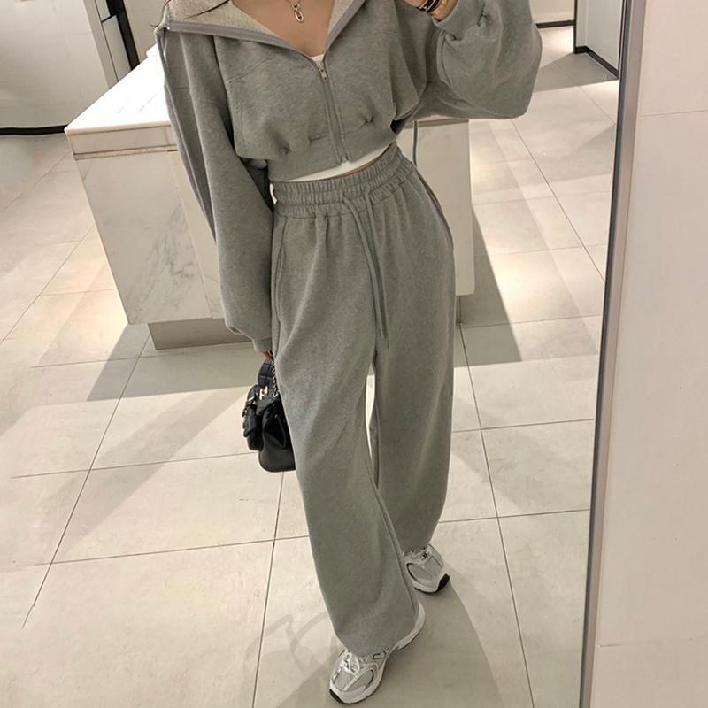Korean Hooded Cardigan Sweatshirt Set for Petite Women Solid Color Casual Loose Top High Waist Straight Leg Pants Two-piece Set