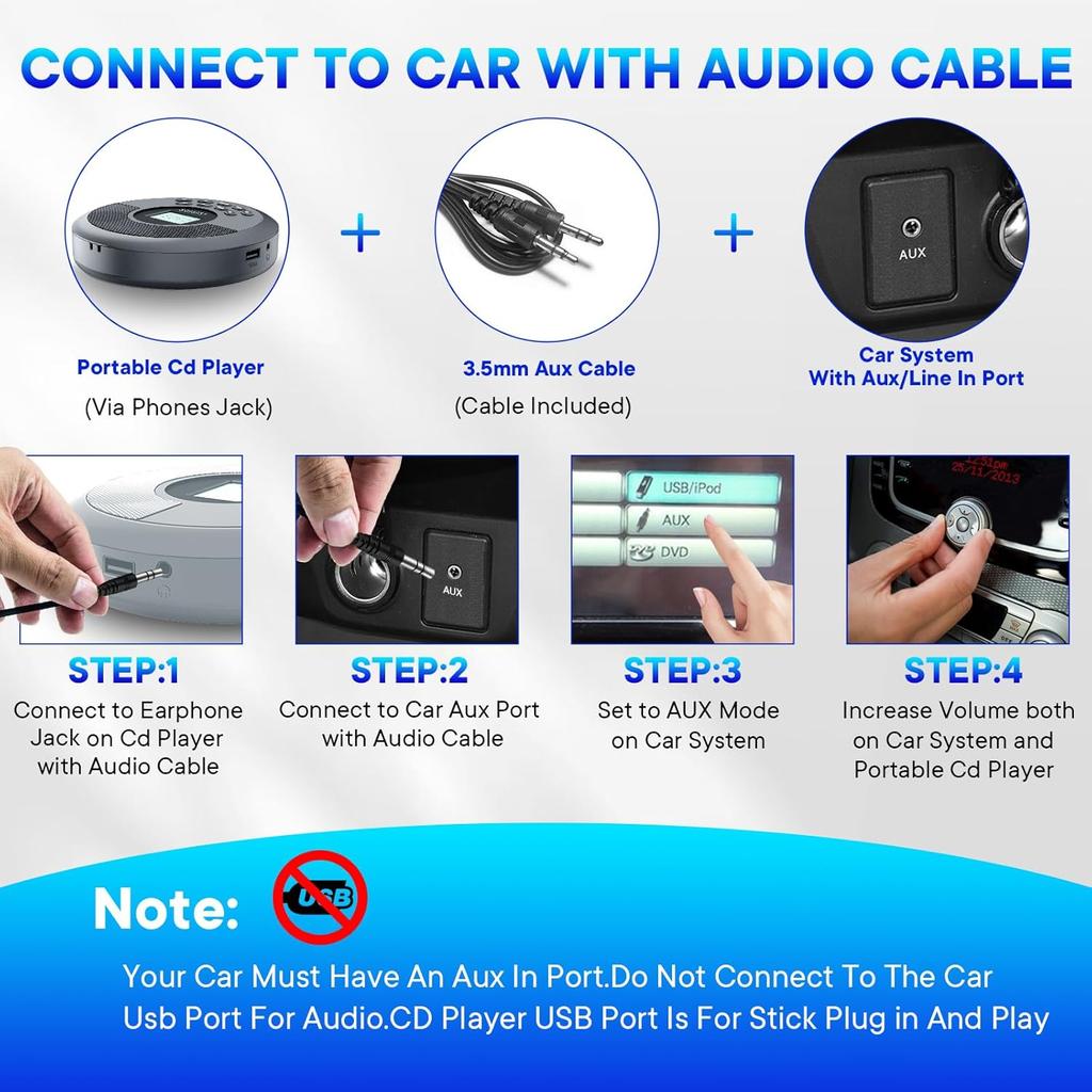 Портативный CD-плеер для автомобиля с двойными стереодинамиками и защитой от пропусков, перезаряжаемый портативный CD-плеер с наушниками