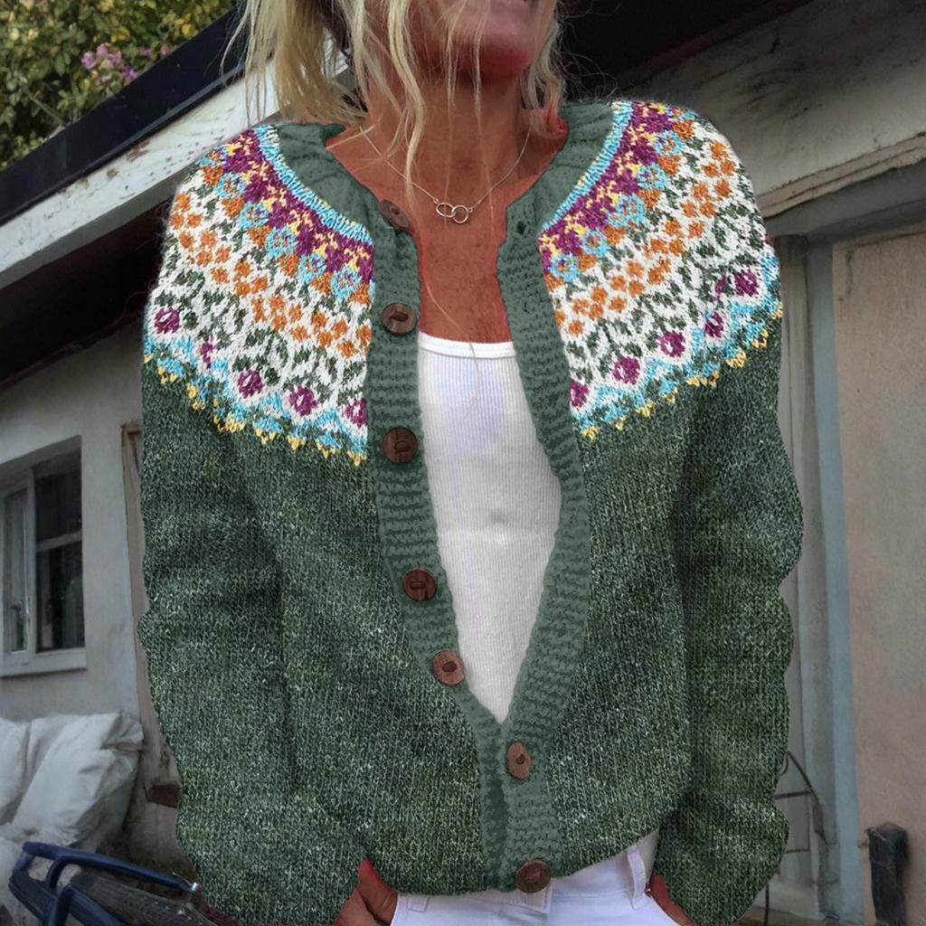 Кардиганы в стиле Fair Isle для женщин, с круглым вырезом, свободного кроя, на пуговицах, объемный свитер, с открытой передней частью, повседневная вязаная куртка на осень