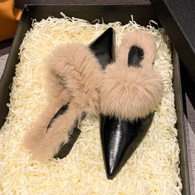 Меховые женские тапочки с острым носком, плюшевые хлопковые туфли, модные кожаные шлепанцы на среднем каблуке, повседневные, 2025, Zapatos Mujer