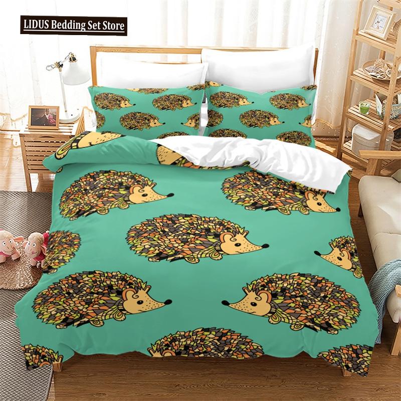 Hedgehog Bedding Set Cute Kawaii Wildlife Comforter Cover With Pillowcases For Kids Boys Girl Polyester Bedding Set King Size