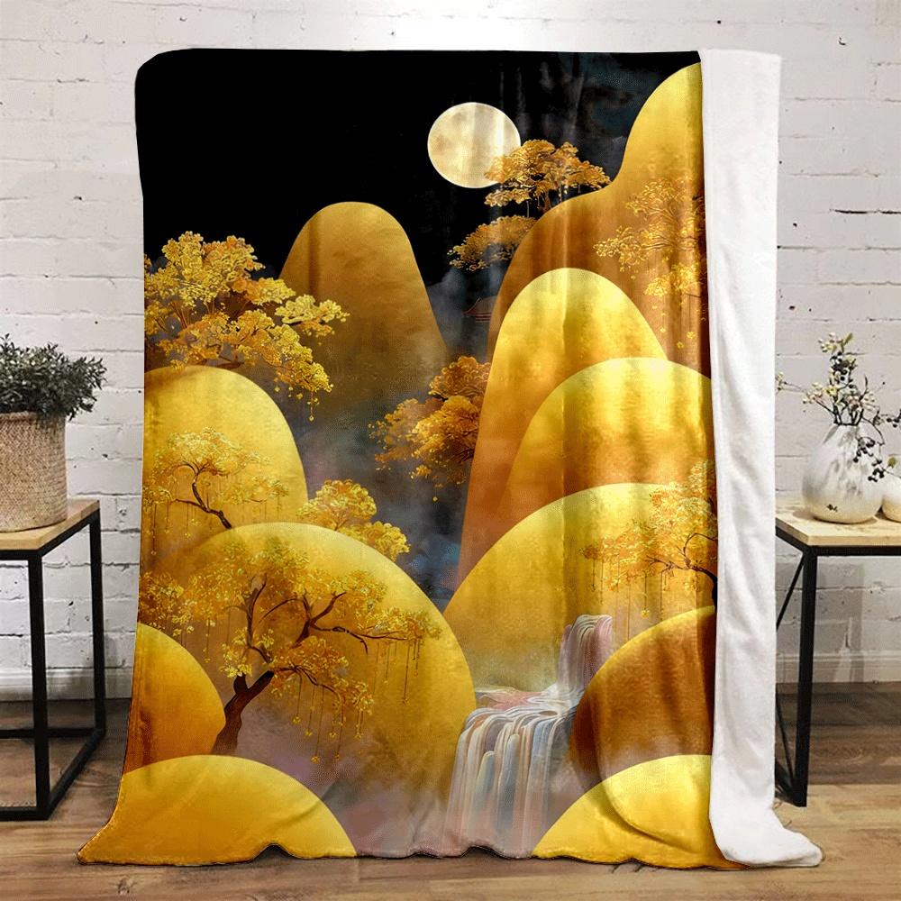 Golden trees and flowing white waterfall among soft glowing yellow hills. for all seasons blanket lunch break throw gift