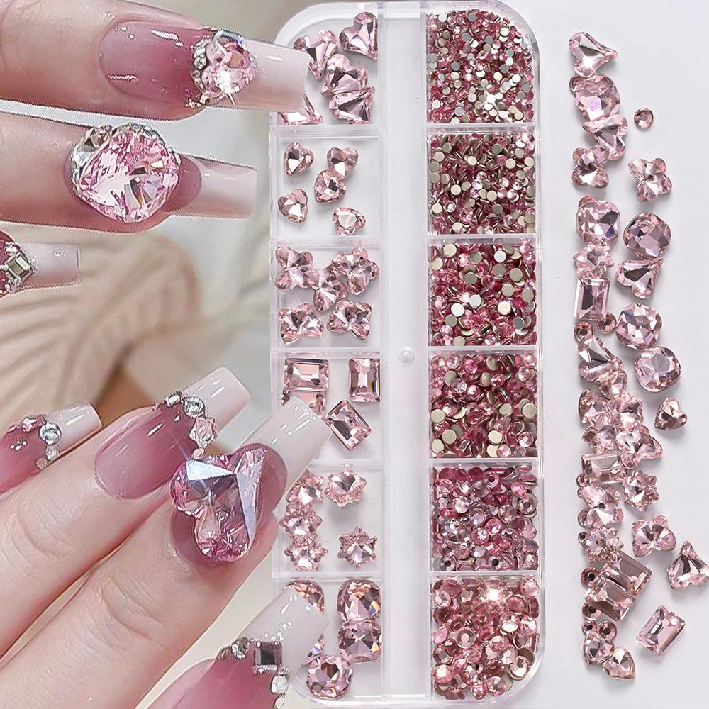 180pcs AB Flatback Glass Nail Art Rhinestones Multi-shape Mixed Diamond Gems Blue Purple Crystal Stones For DIY Nail Decoration