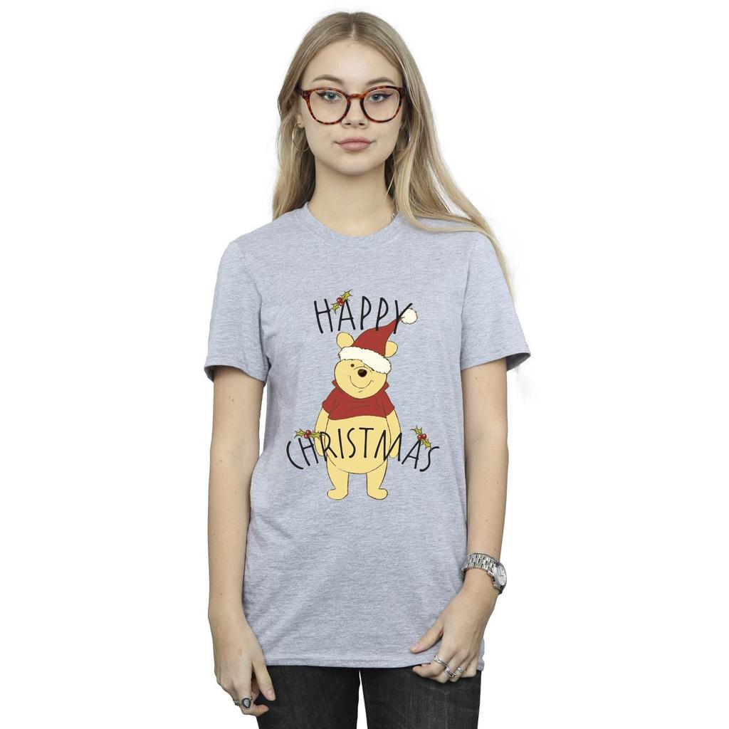 Disney Womens/Ladies Winnie The Pooh Happy Christmas Holly Cotton Boyfriend T-Shirt