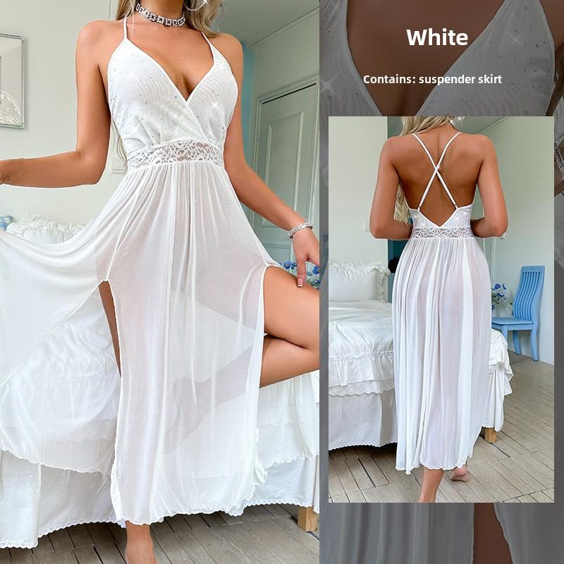 Pajamas Long Skirt Transparent Shiny Suspender Pajamas Sexy Underwear Passion Pure Desire Mesh One-piece
