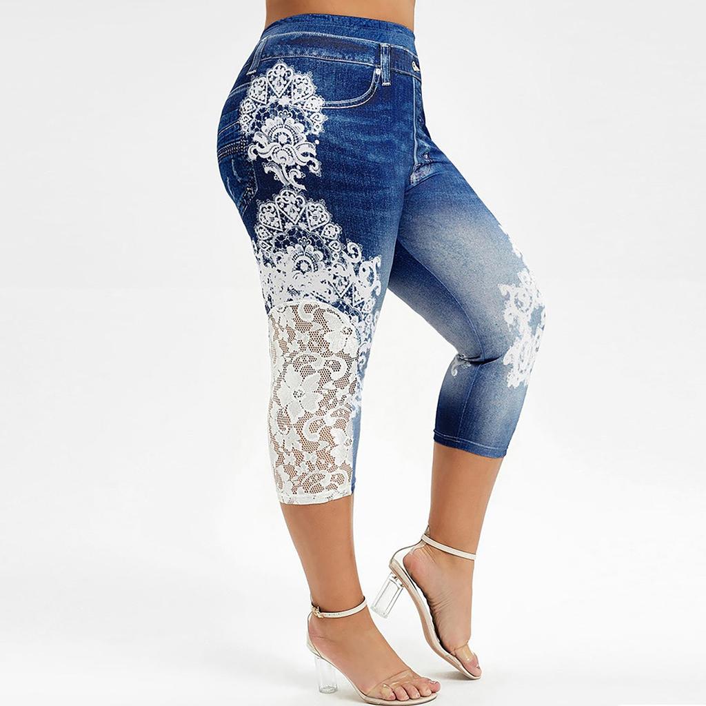 Fashion Women Plus Size Lace Printing Splice Elastic Waist Casual Leggings Pants