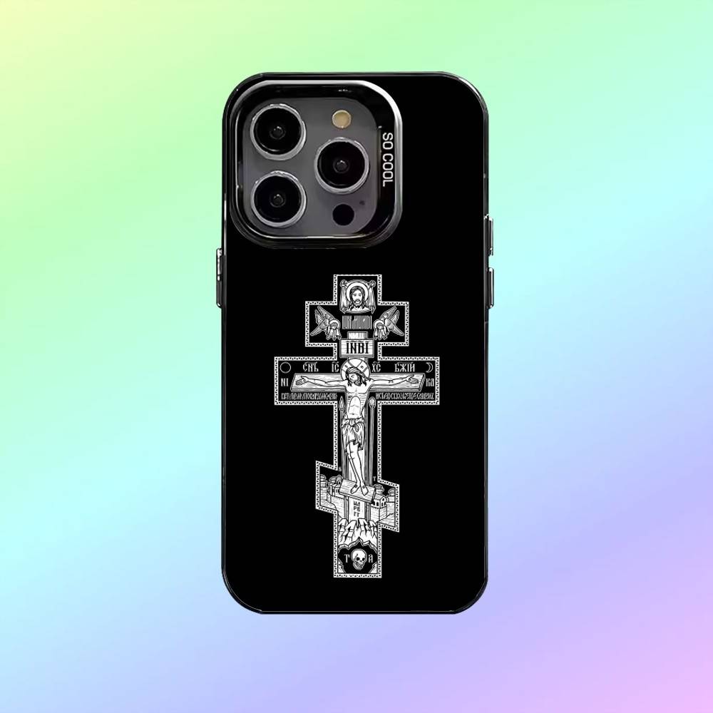 Чехол для телефона с иконкой Православного Креста О- для iPhone17,16,15,14,13,12,11 Покрытие с серебряным ободком для камеры Конфетное матовое покрытие