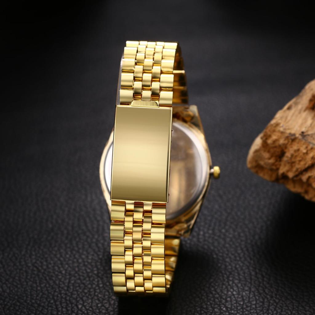 Gold Simple Stylish Diamond Analog Display Stainless Steel Calendar Waterproof Gold Pair Watch Pair Watch Quartz Leisure Business Couple Fashion