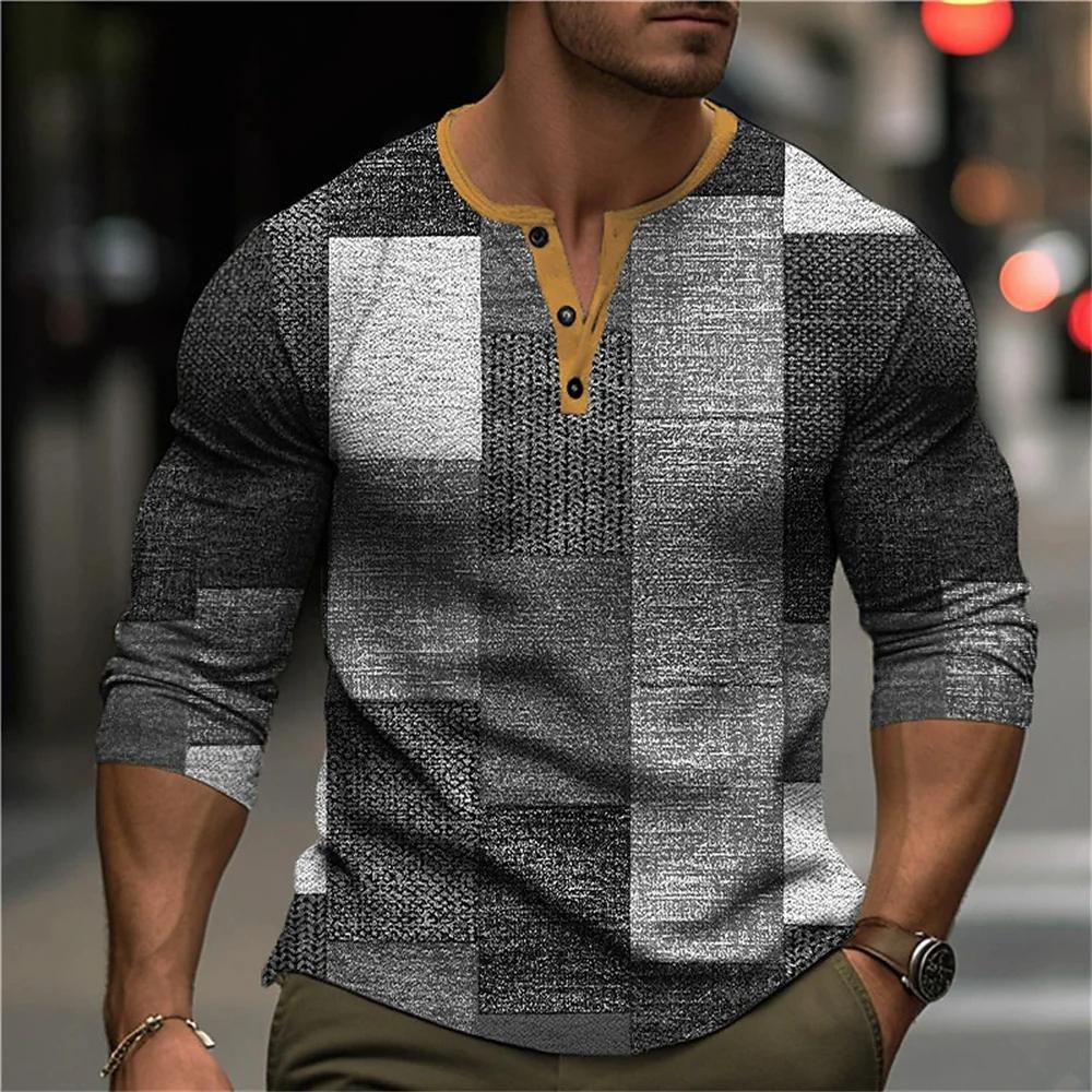 Осенняя рубашка-henley с блоками цвета и пэчворком, 3D-печать, мужская мода, винтажная, на пуговицах, с длинным рукавом, мужские футболки, топы, одежда