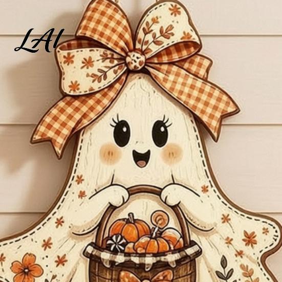 Wooden Ghost Wall Decor Cute Bow Hanging Sign Rustic Retro Floral Door Sign with Pumpkin Harvest Art Basket Vintage Halloween Pendant for
