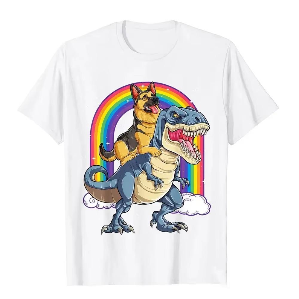 Немецкая овчарка верхом на динозавре T Rex футболка для мужчин Радужная футболка хлопковый дизайн топы футболка модные мужские футболки