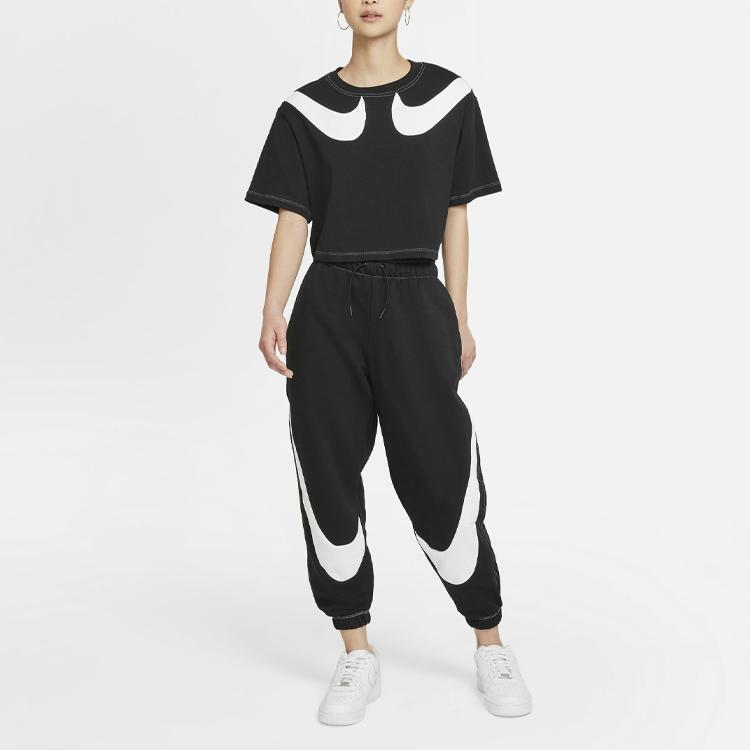 Nike Спортивные штаны женские с большим логотипом Swoosh, флисовые, черные с белым, для женщин DD5583-010
