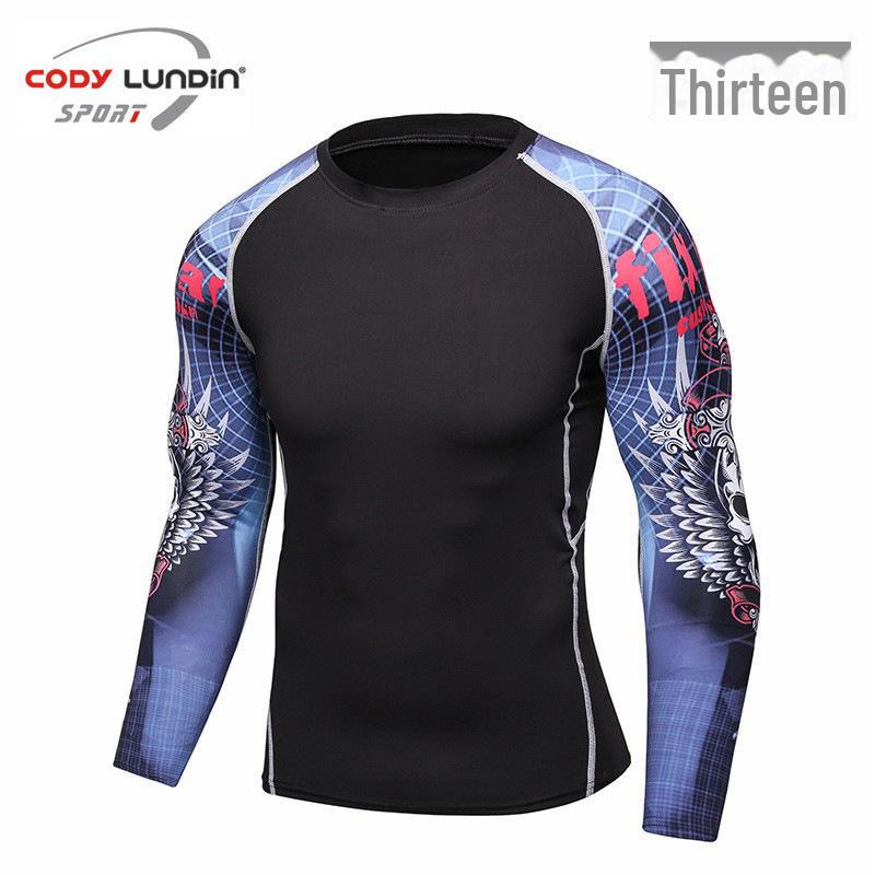 Мужская компрессионная футболка для бега с длинным рукавом и принтом, влагоотводящая, A038