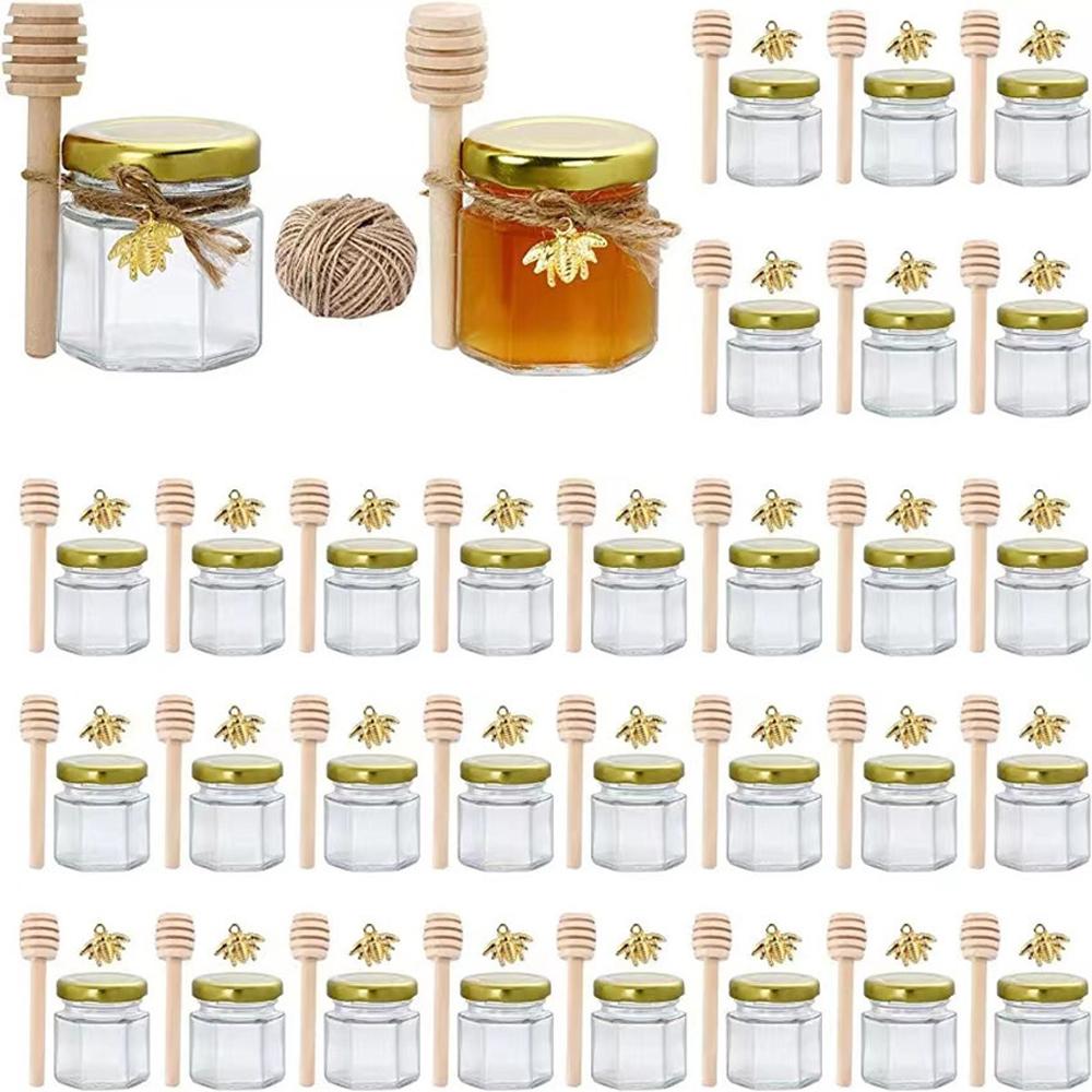 20Pcs Hexagonal Honey Glass Jars with Wood Dippers 45mL Small Glass Bottle with Lid for Baby