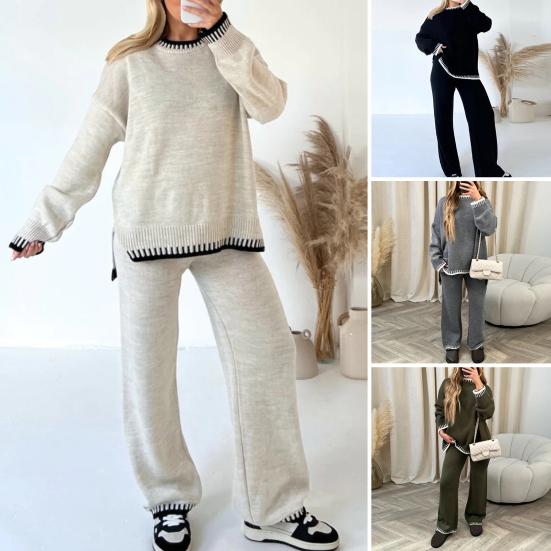 Women Striped Knit Sweater Wide Leg Pants Set Split Pullover Tops Elastic High Waist Straight Pants Two Piece Set Lounge Wear