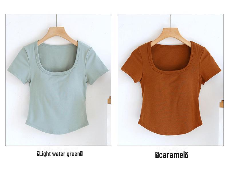 Женская футболка с коротким рукавом, подкладкой под грудь, неровным подолом, квадратным воротником и лифом-бюстгальтером — идеальный вариант для лета.