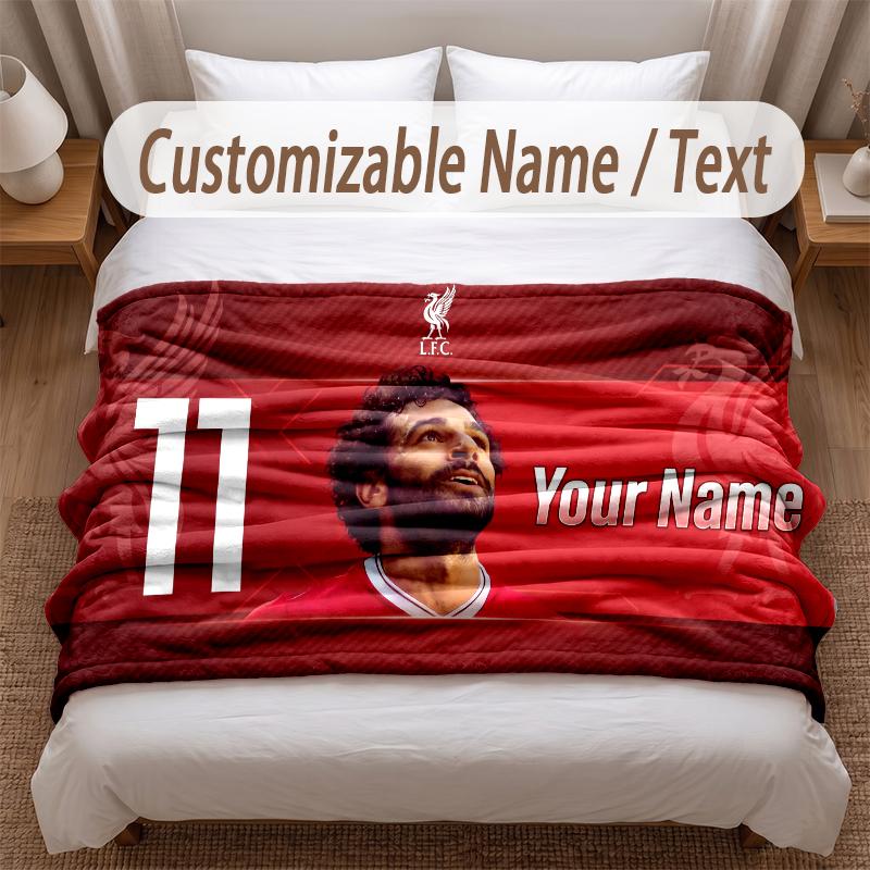 Mohamed Salah Printed Flannel Blanket Custom Name Text Soft Warm Throw For Bedroom Holiday Gift