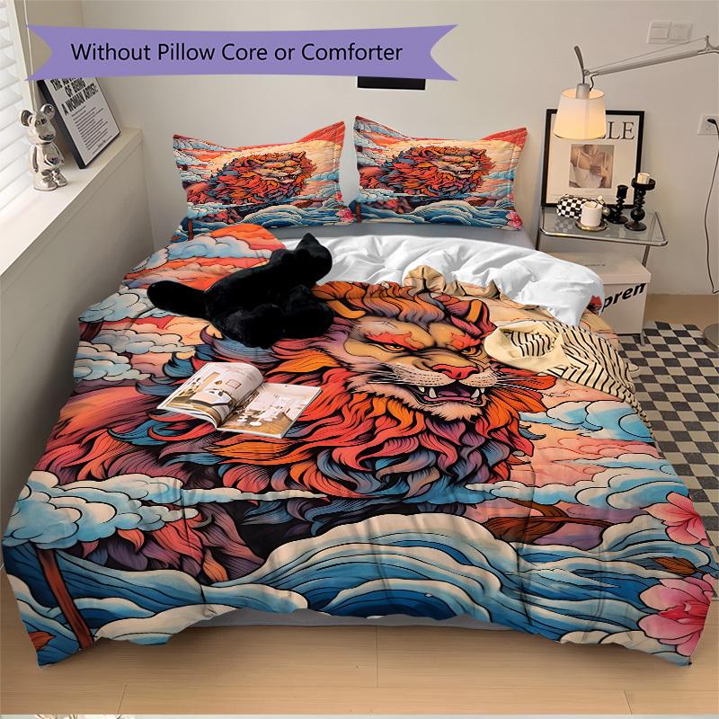 3pcs Lion Sunset Waves Duvet Cover Set, Cover For Bedroom Guest Room (1 Duvet Cover + 2 Pillowcase, Without Quilt), yy250922167
