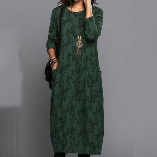 Женское весенне-осеннее платье миди с круглым вырезом и длинными рукавами, карманами, дизайнерским принтом, свободное элегантное платье, уличная одежда