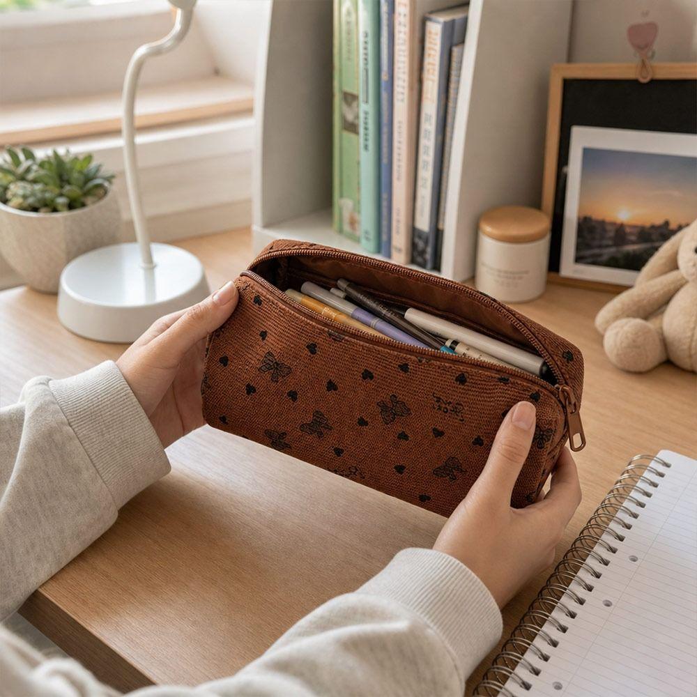 Bow & Heart Print Pencil Case Large Capacity Stationery Bag Simple Pen Bag Students
