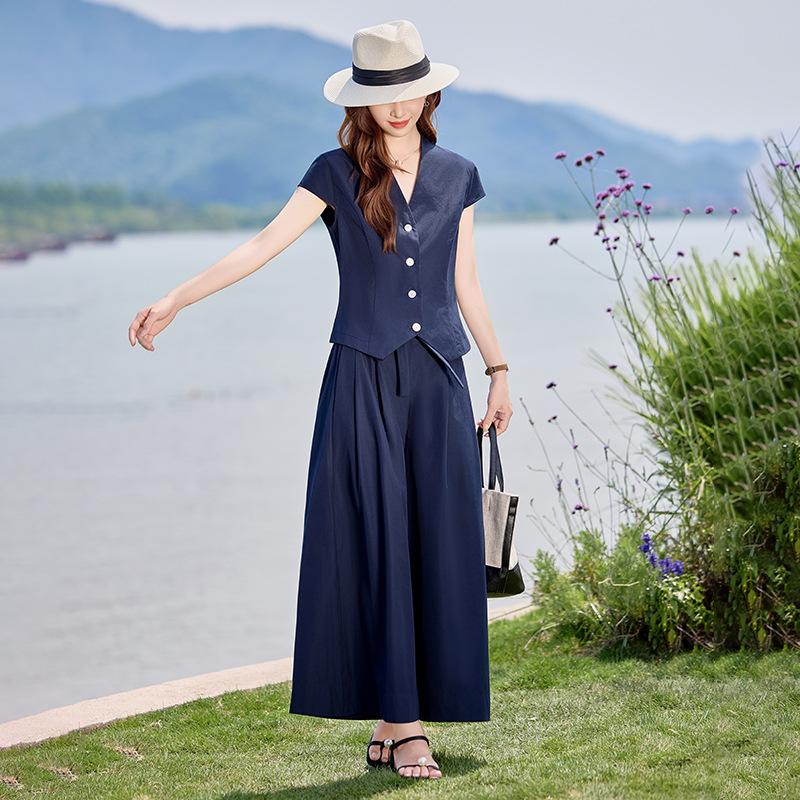 Summer new shell button short cardigan top wide leg culottes two-piece set women's summer thin fashion casual women's suit