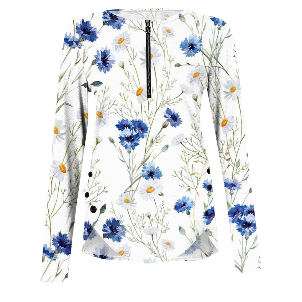 Women's Fashion Casual Long Sleeve Print Round Neck Pullover Top Blouse