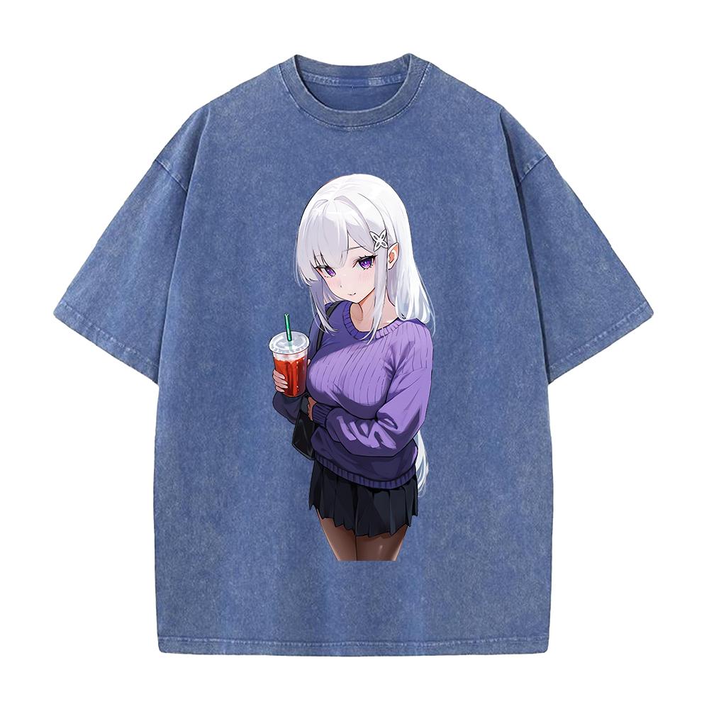 Аниме Re ZERO Начинаем жизнь с нуля Эмилия Одежда Мужчины Женщины Футболки Хлопковая футболка с эффектом потертости Ретро футболка Футболка в стиле Харадзюку