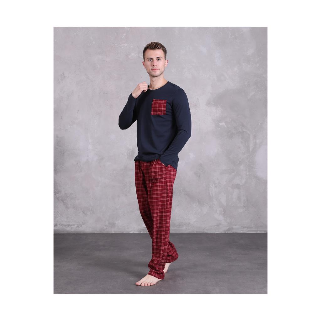 Мужской пижамный комплект с принтом в клетку, с длинным рукавом, с карманами, сезонный 100% хлопок, комплект для приданого, мягкий