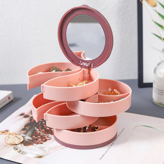 Коробка для хранения ювелирных изделий Пластиковая Многослойная Пылезащитная Влагозащищенная Вращающаяся на 360 градусов Органайзер для ювелирных изделий со встроенным зеркалом