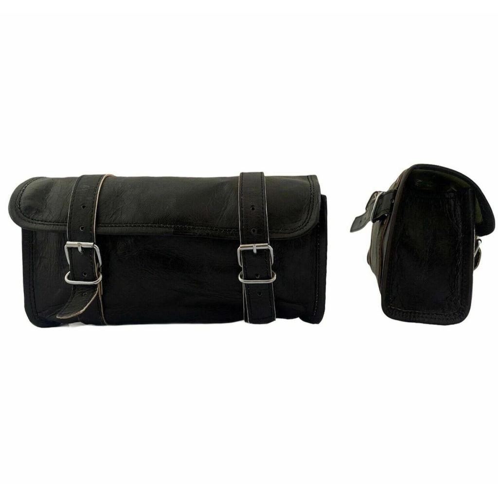 Bag Motorcycle Leather Tool Saddle Pouch Bike Side Storage Luggage Black Genuine
