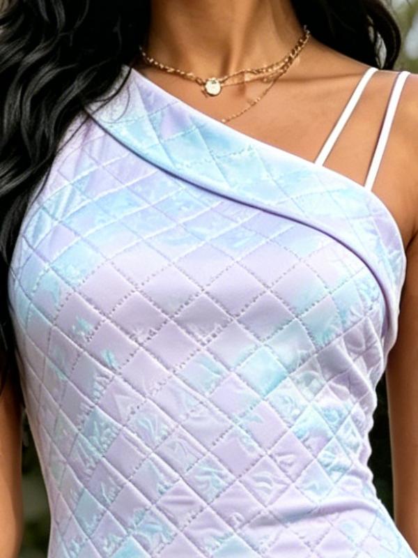 Lavender Blue Tie-Dye Diamond Quilted Print One Shoulder Spaghetti Strap Bodycon Midi Dress Womens Casual Party Dress
