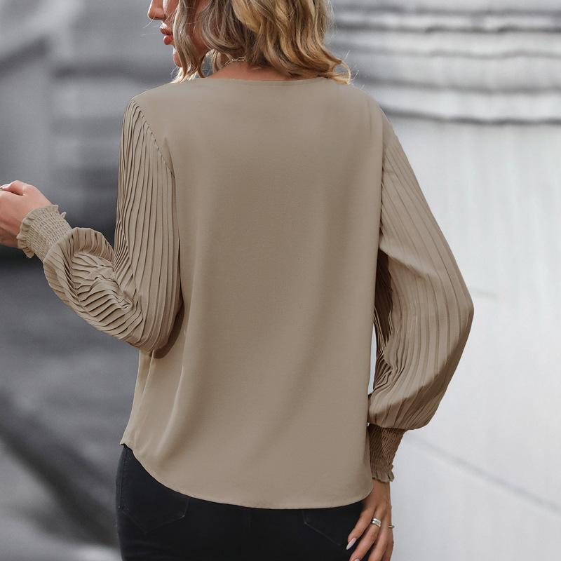 Women Blouses V-neck Tops Long Sleeve Chiffon Office Lady Elegant Casual Loose Plain Autumn Minimalist Unique Design Women's Top