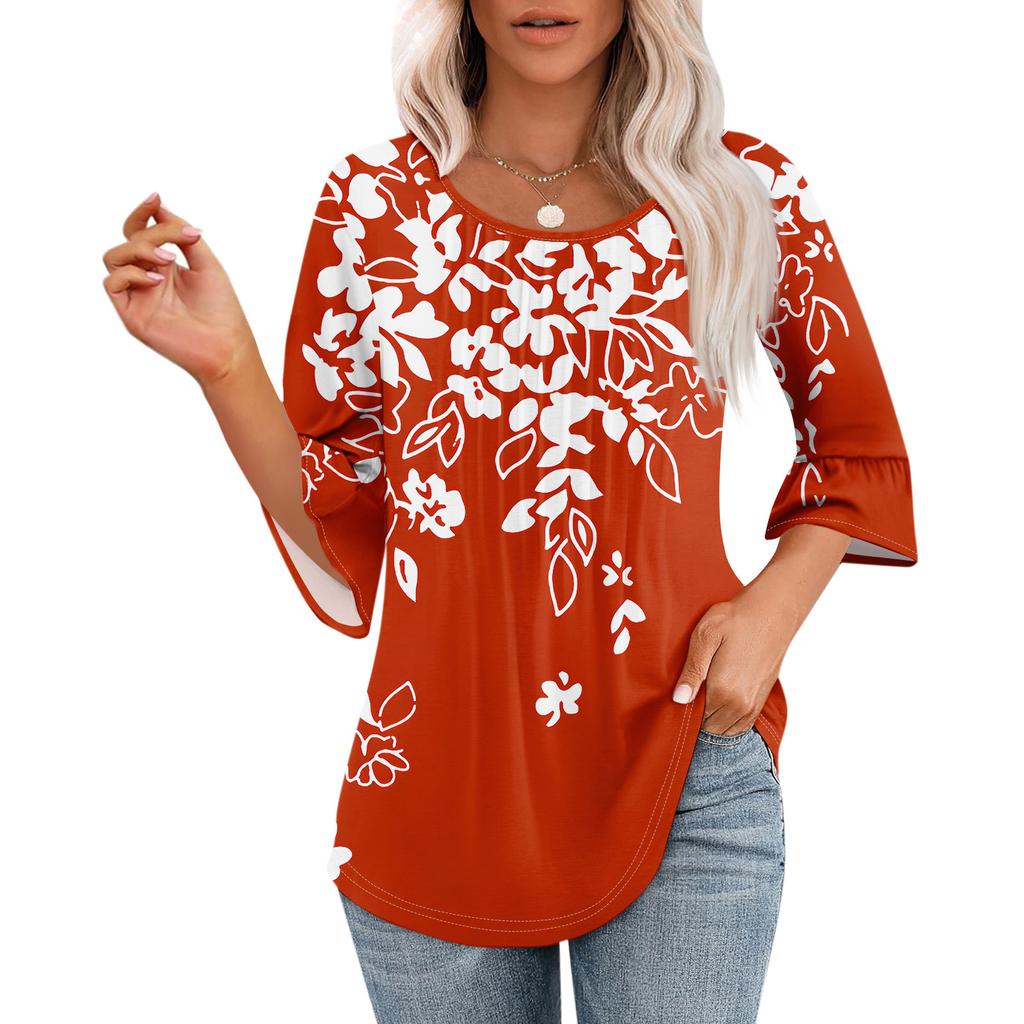 Женские топы с рукавами-колокольчиками 3/4, летние плиссированные рубашки с круглым вырезом, модные нарядные повседневные блузки-туники свободного покроя
